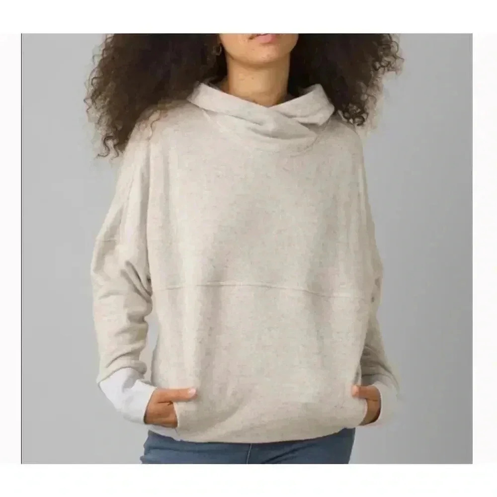 Prana Women’s Paskal Wool Blend Hoodie Bone Gray Front Pocket Sz XL